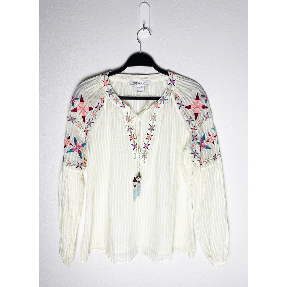 Belle Vere Women's Long Sleeve V Neck Top Embroidered Tassels Sheer Bohemian‎